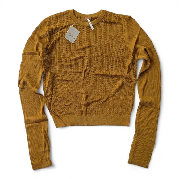FREE PEOPLE Open Knit Crop Fisherman Crew Pullover Tiger Eye NWT Sweater Top S
