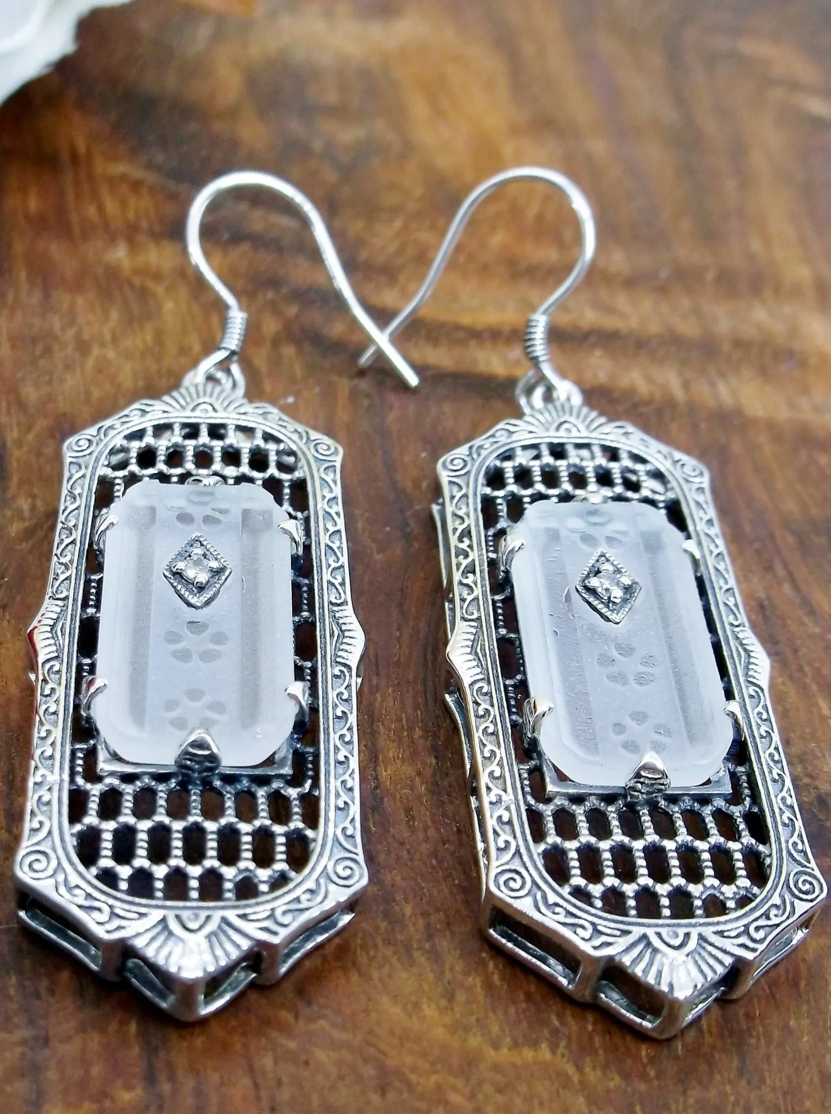Frosted Camphor Glass Earrings, Baguette style, 1930s Reproduction Art Deco Jewelry, Design E16