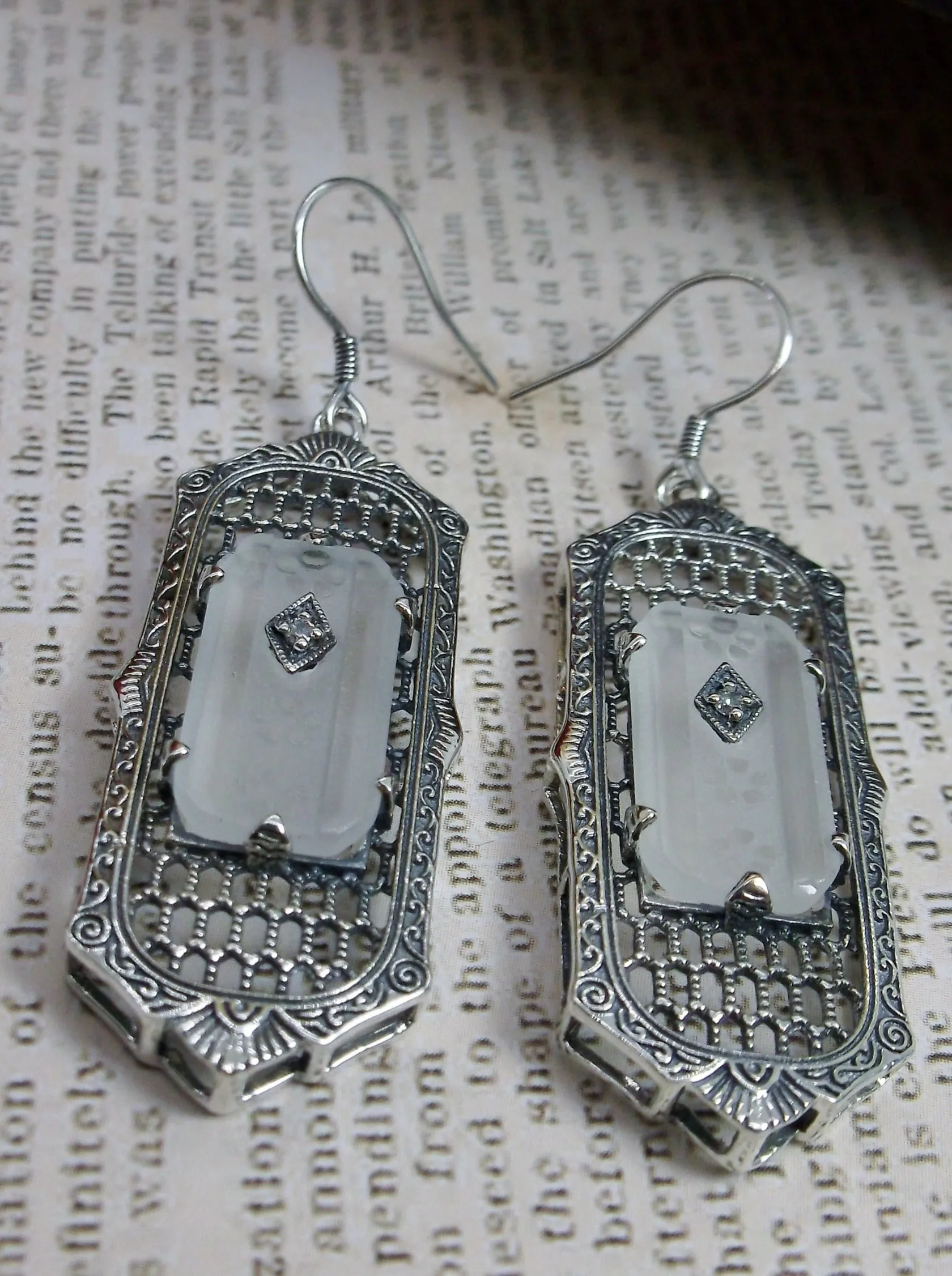 Frosted Camphor Glass Earrings, Baguette style, 1930s Reproduction Art Deco Jewelry, Design E16