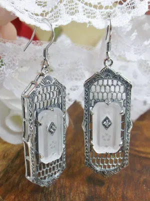 Frosted Camphor Glass Earrings, Baguette style, 1930s Reproduction Art Deco Jewelry, Design E16