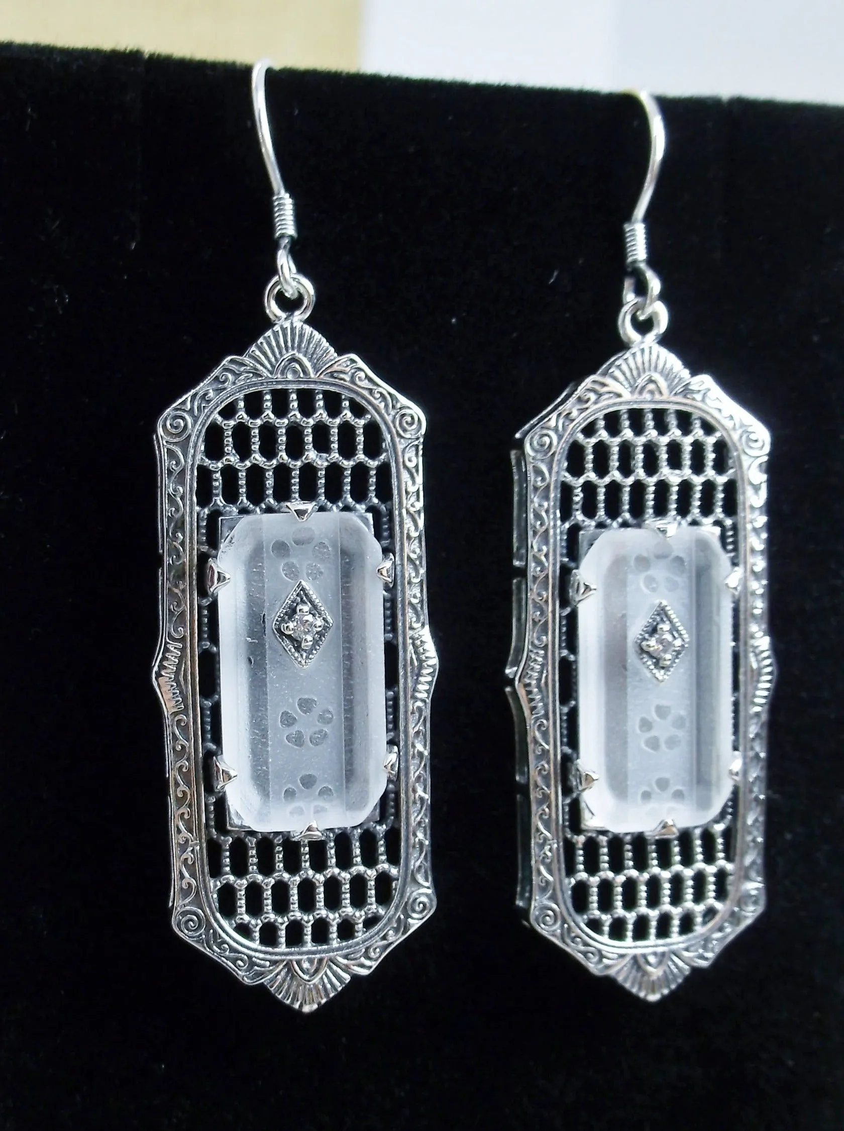 Frosted Camphor Glass Earrings, Baguette style, 1930s Reproduction Art Deco Jewelry, Design E16