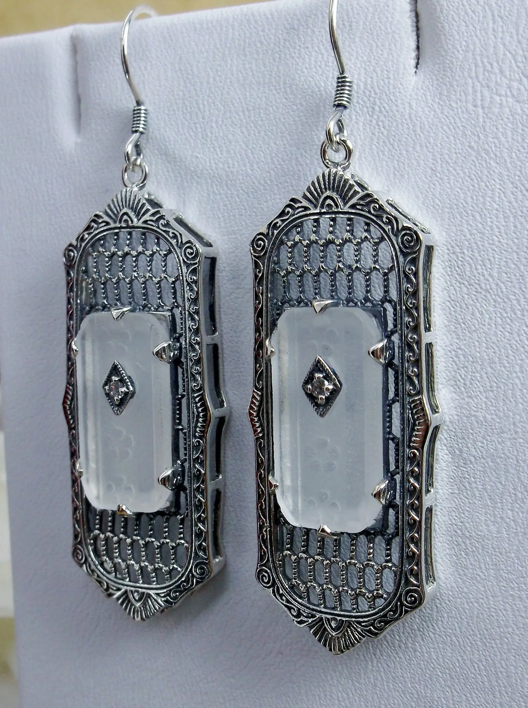 Frosted Camphor Glass Earrings, Baguette style, 1930s Reproduction Art Deco Jewelry, Design E16