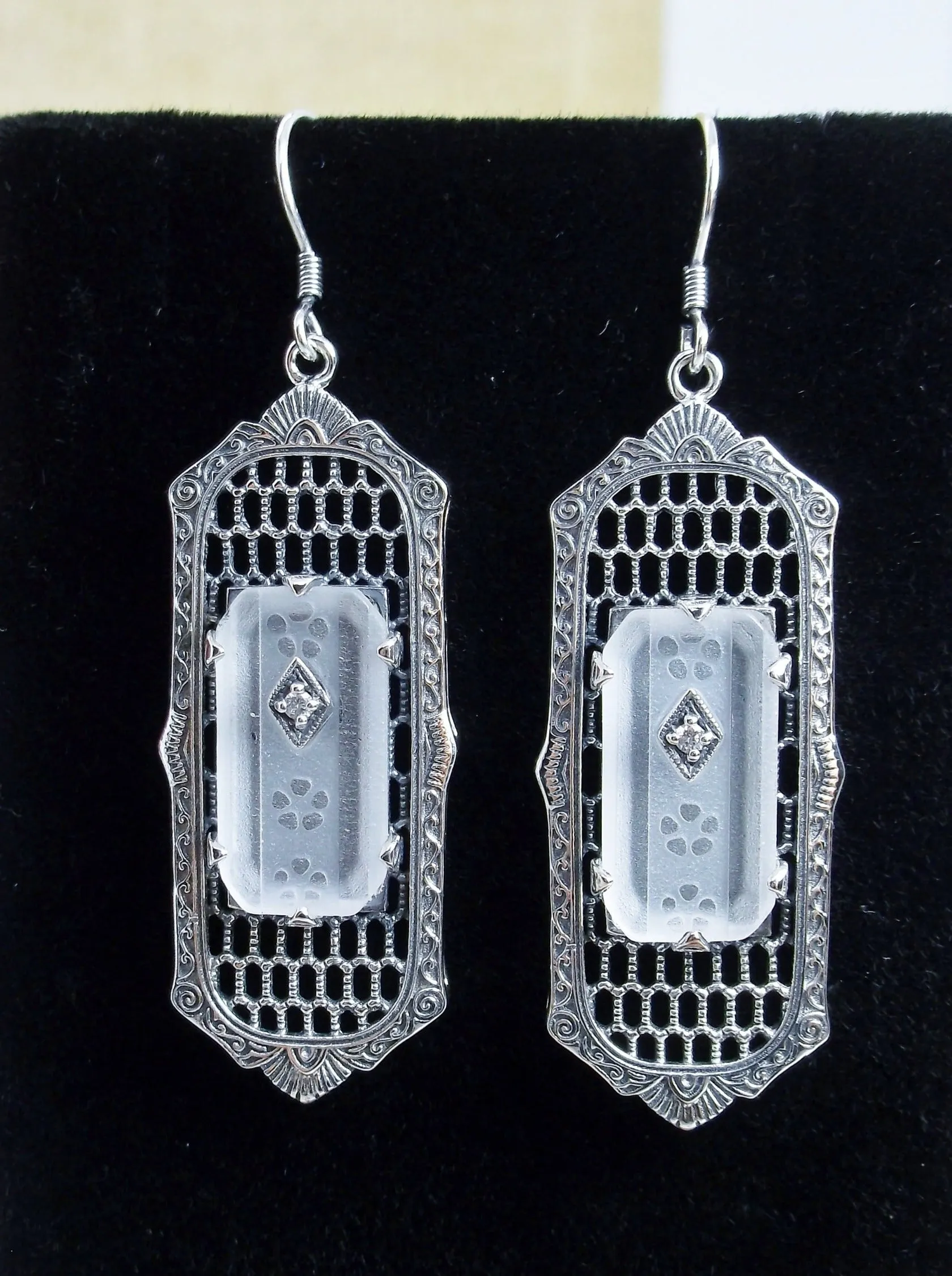 Frosted Camphor Glass Earrings, Baguette style, 1930s Reproduction Art Deco Jewelry, Design E16