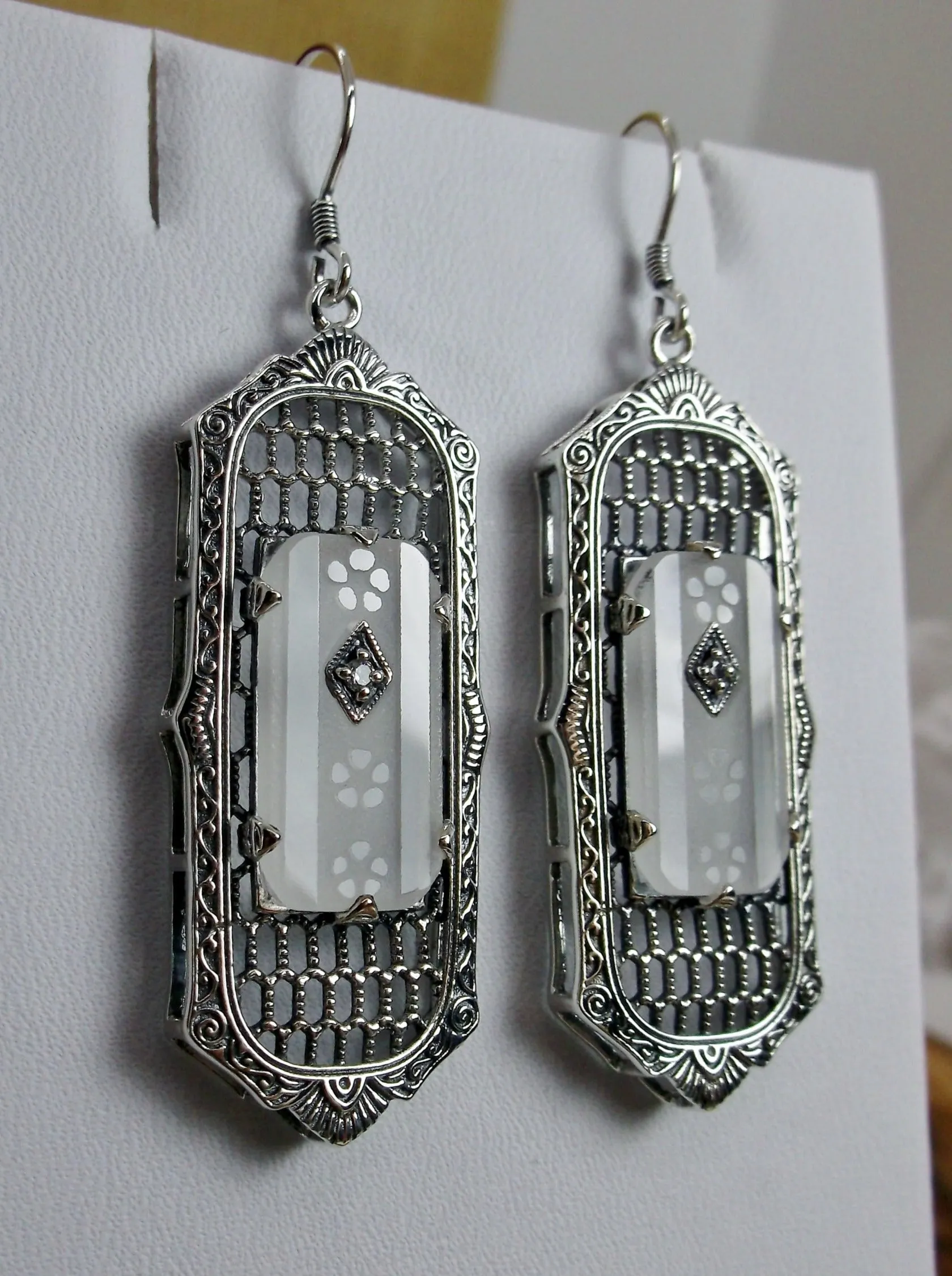 Frosted Camphor Glass Earrings, Baguette style, 1930s Reproduction Art Deco Jewelry, Design E16
