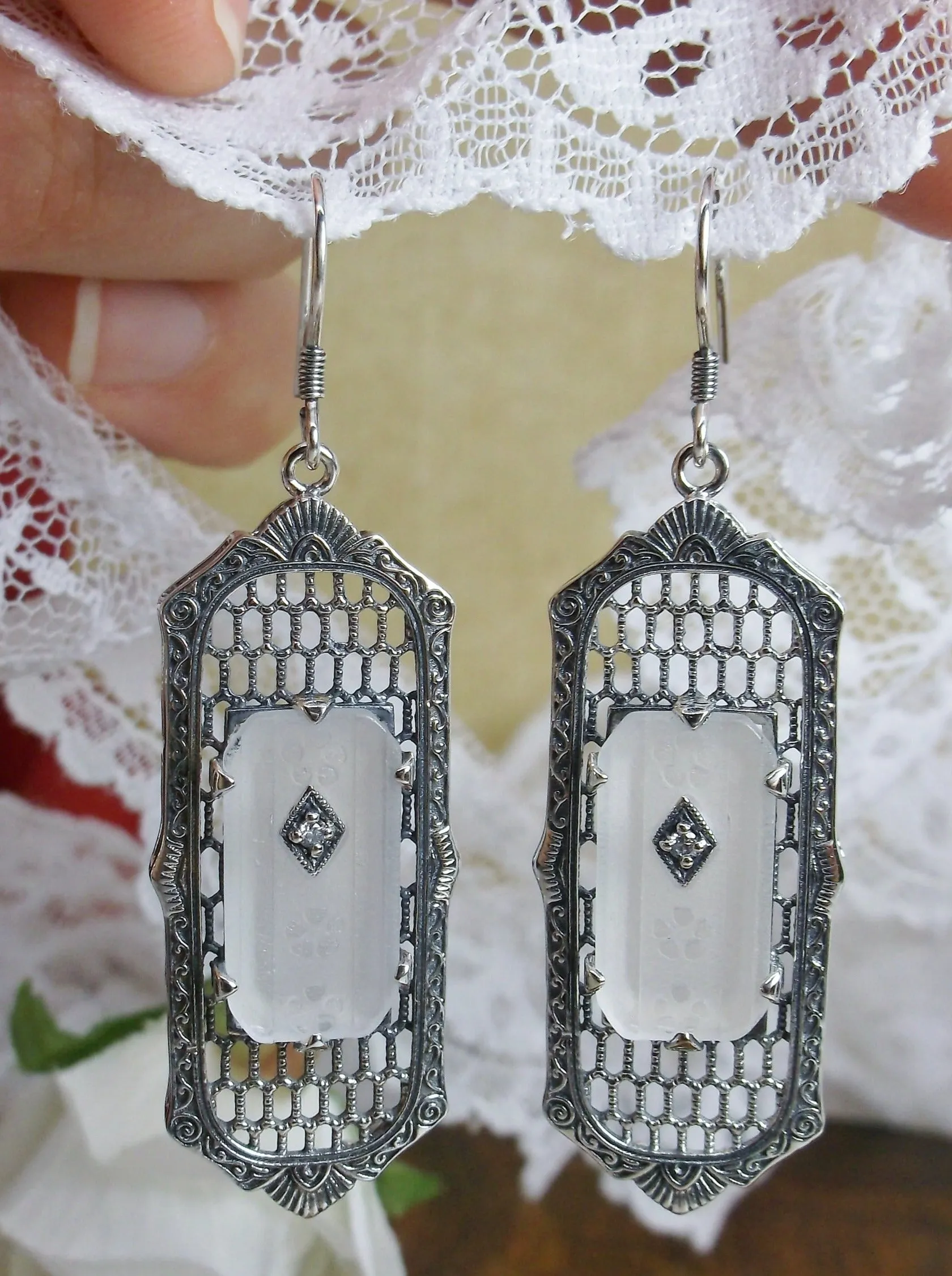 Frosted Camphor Glass Earrings, Baguette style, 1930s Reproduction Art Deco Jewelry, Design E16