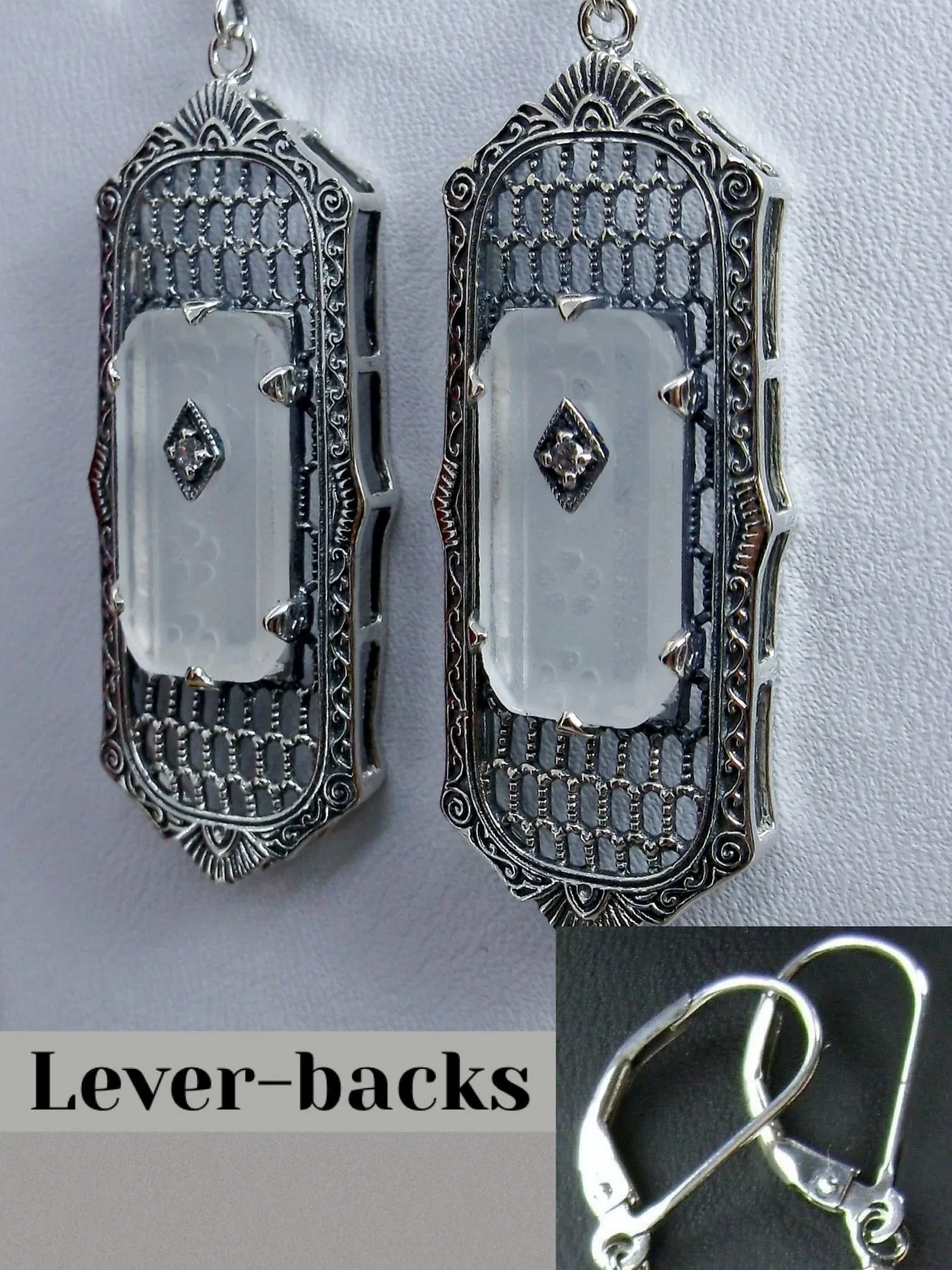 Frosted Camphor Glass Earrings, Baguette style, 1930s Reproduction Art Deco Jewelry, Design E16