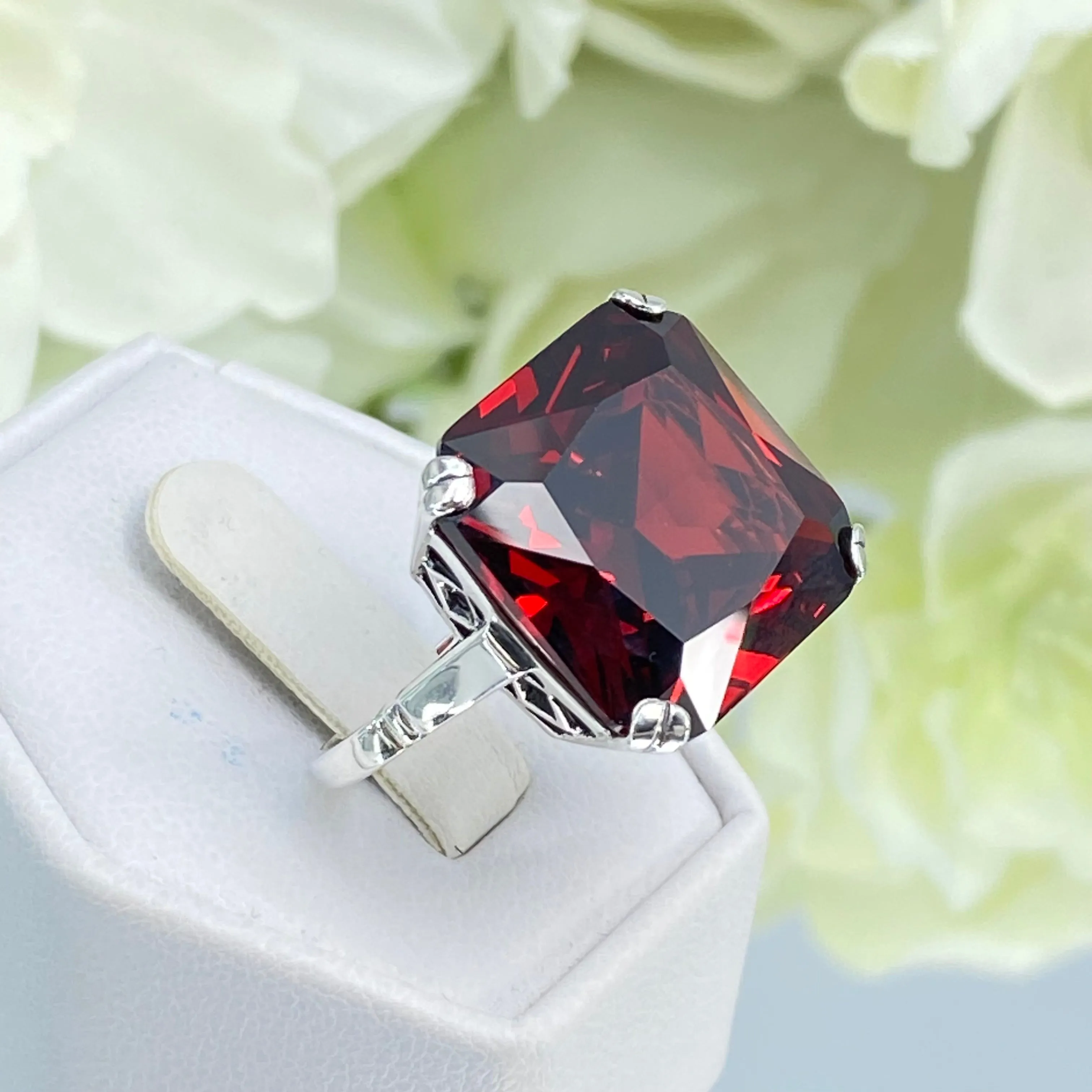 Garnet CZ Ring, Size 9, 20ct Big Huge Square Gem, Vintage Jewelry #D1 - Ready to Ship