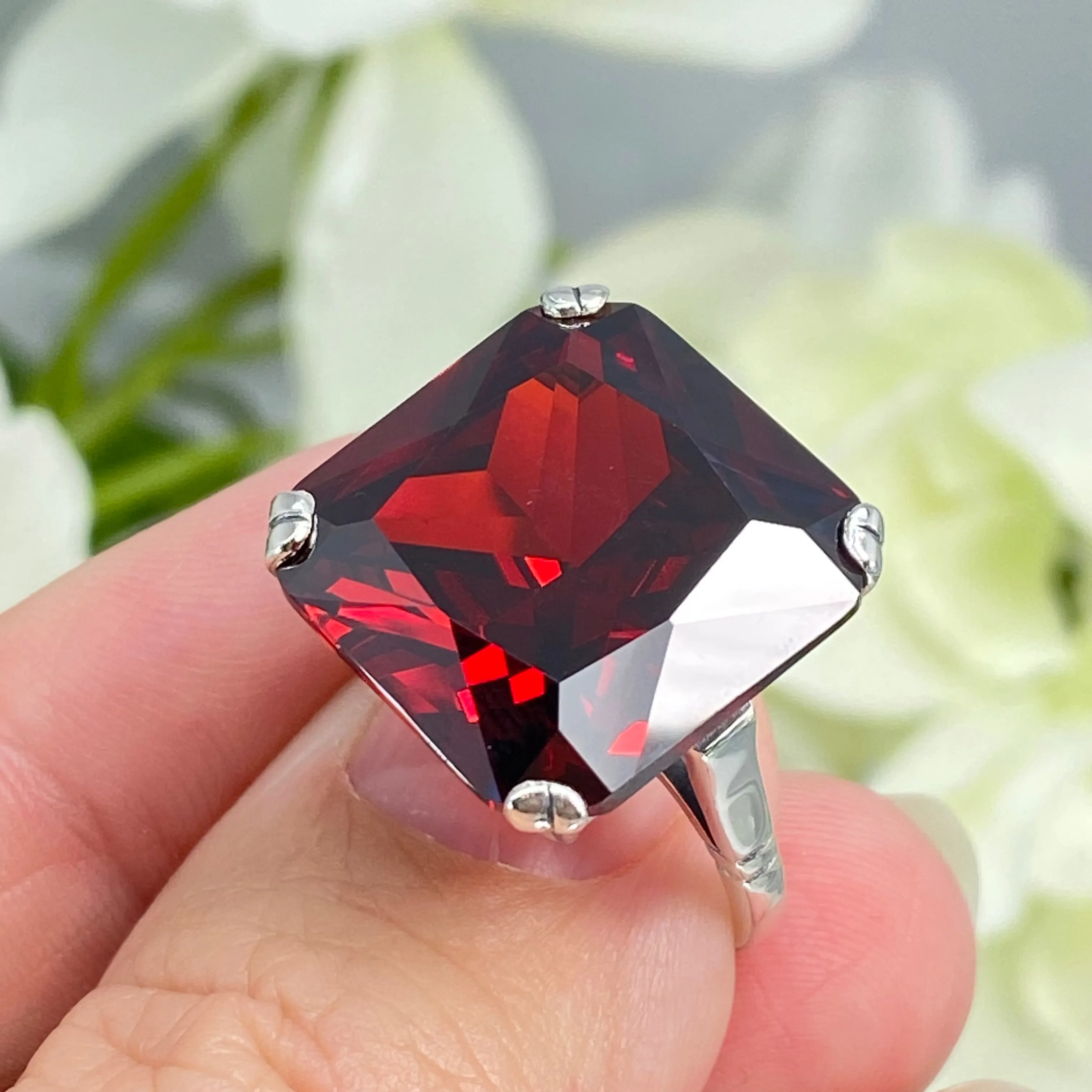 Garnet CZ Ring, Size 9, 20ct Big Huge Square Gem, Vintage Jewelry #D1 - Ready to Ship