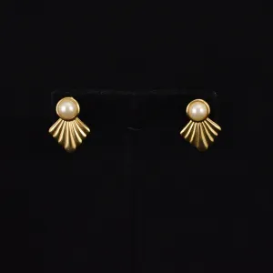 Gold Deco Fan Pearl Earrings