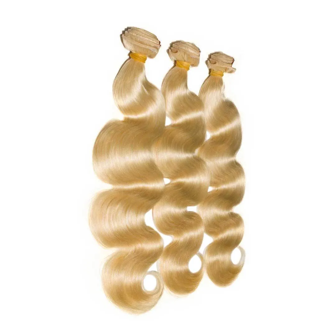 Golden Goddess 613 Blonde Signature Body Wave Hair Extensions 3 Bundle Deal | Premium Human Hair Weft Bundles | Platinum Blonde