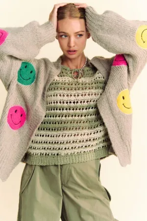 Gray Fuzzy Smile Open Front Long Sleeve Cardigan