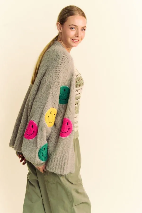 Gray Fuzzy Smile Open Front Long Sleeve Cardigan