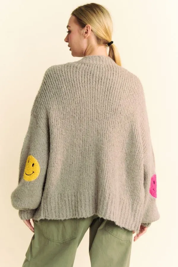 Gray Fuzzy Smile Open Front Long Sleeve Cardigan