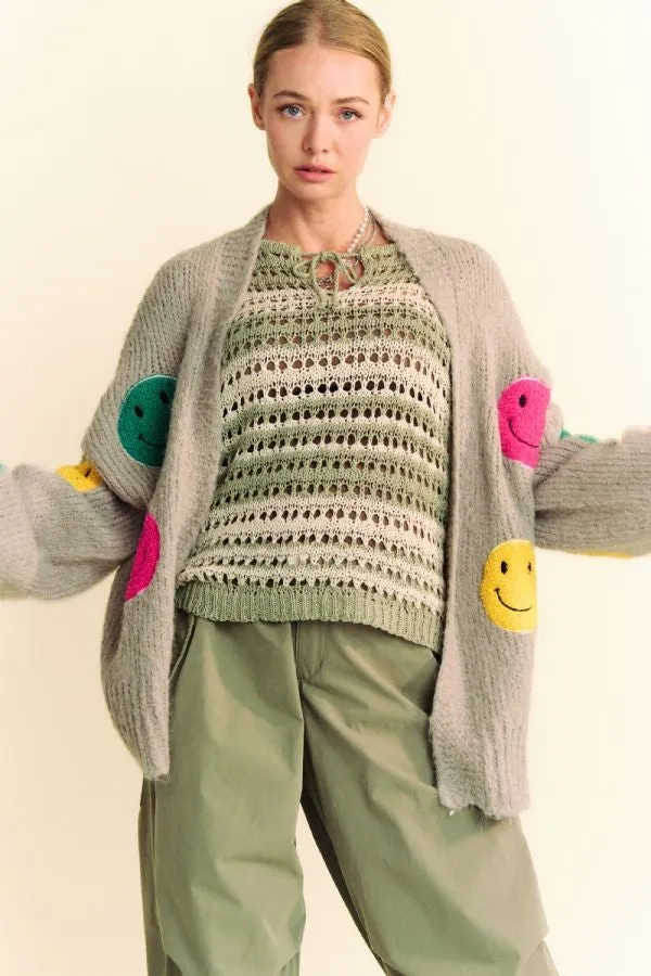 Gray Fuzzy Smile Open Front Long Sleeve Cardigan