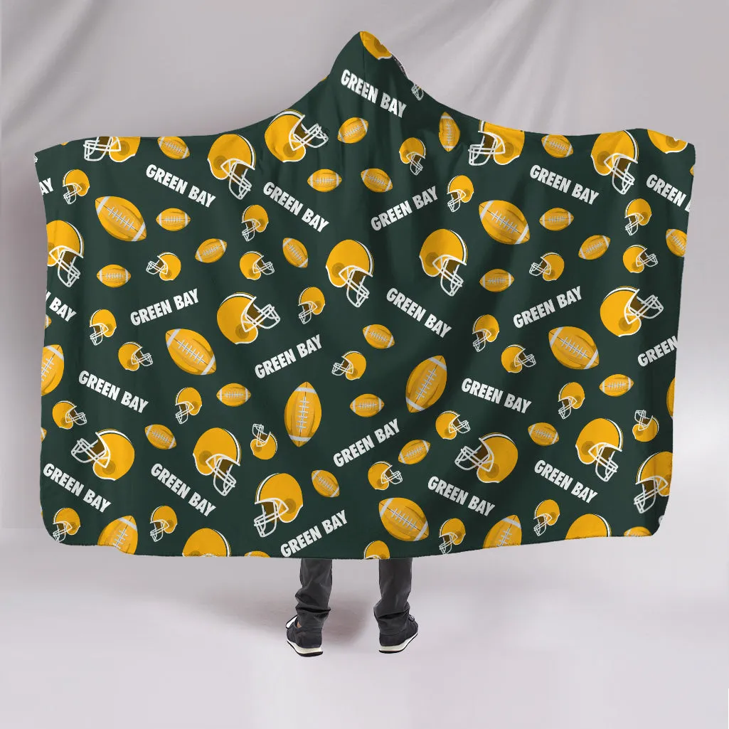 Green Bay All-Over Football Print Hooded Blanket