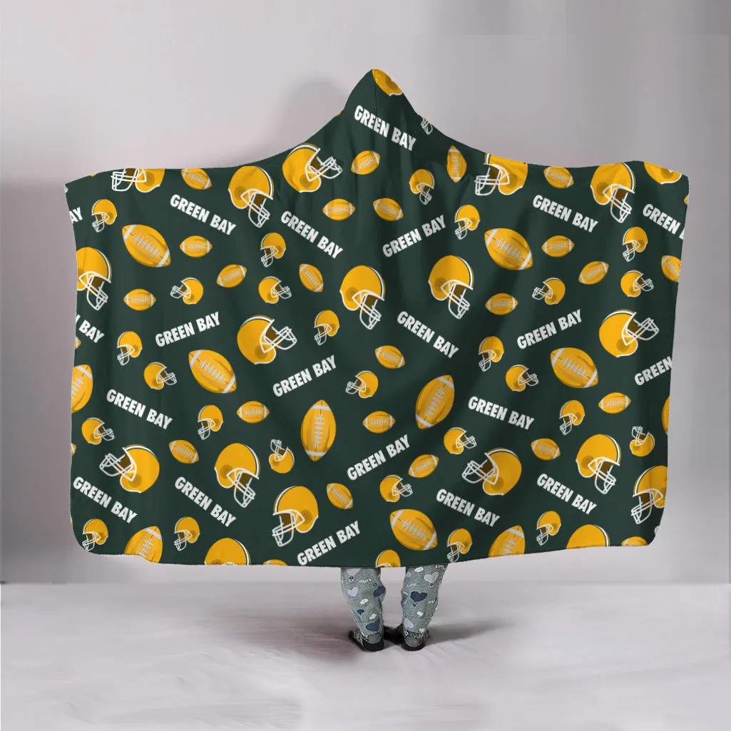 Green Bay All-Over Football Print Hooded Blanket