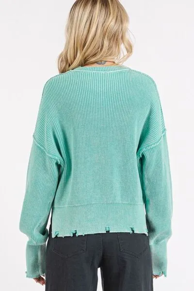 Green Distressed Hem Round Neck Dropped Shoulder Sweater