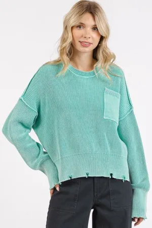 Green Distressed Hem Round Neck Dropped Shoulder Sweater
