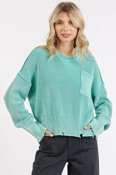 Green Distressed Hem Round Neck Dropped Shoulder Sweater