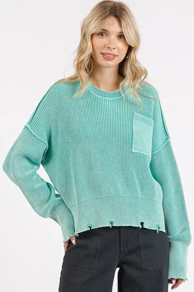 Green Distressed Hem Round Neck Dropped Shoulder Sweater