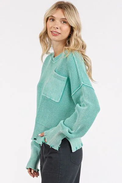 Green Distressed Hem Round Neck Dropped Shoulder Sweater