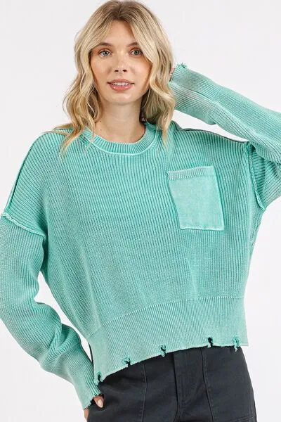Green Distressed Hem Round Neck Dropped Shoulder Sweater