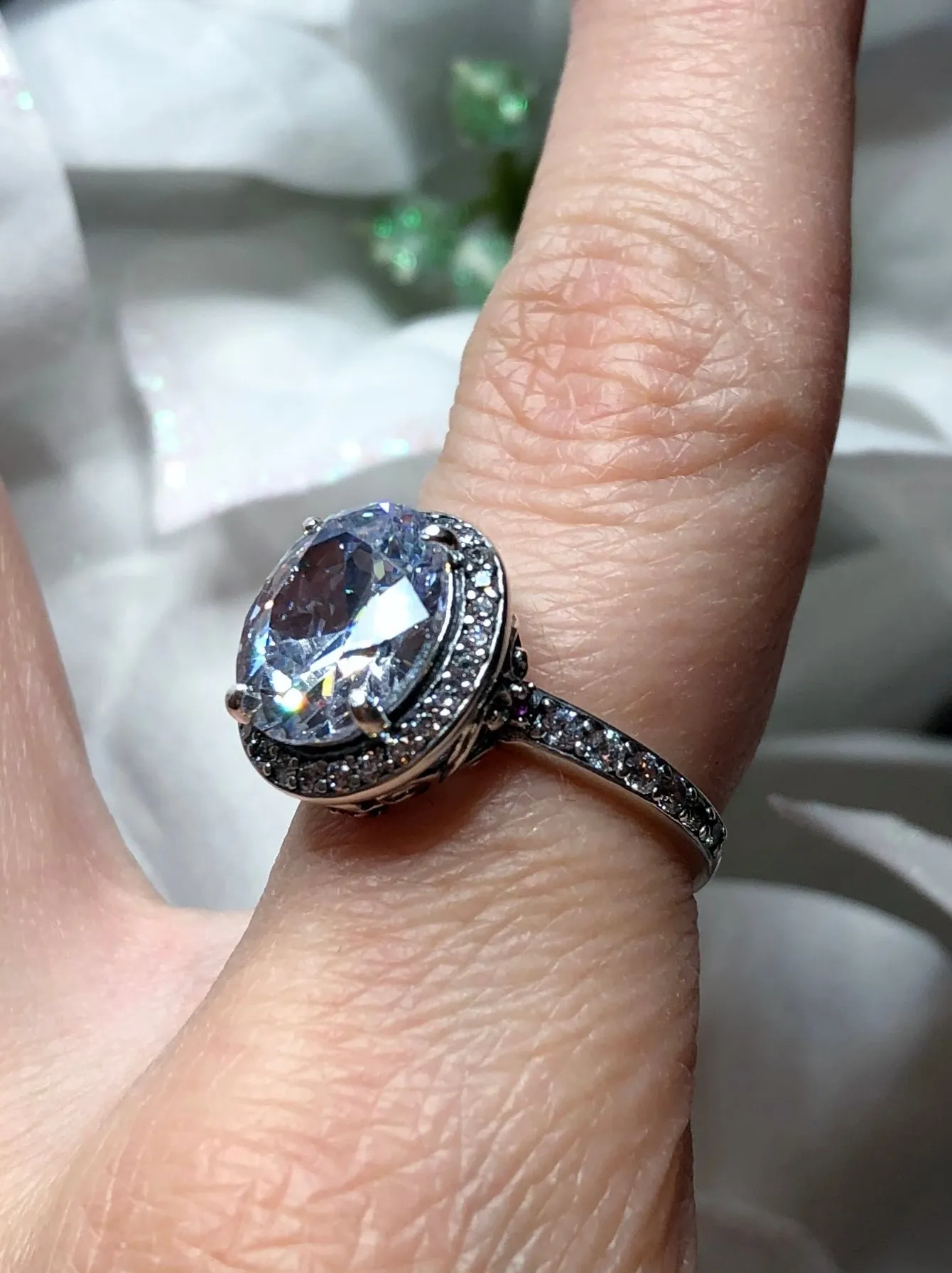 Halo Ring, Size 8, White CZ Gems, Art Deco Sterling Silver Filigree #D228 - Ready to Ship