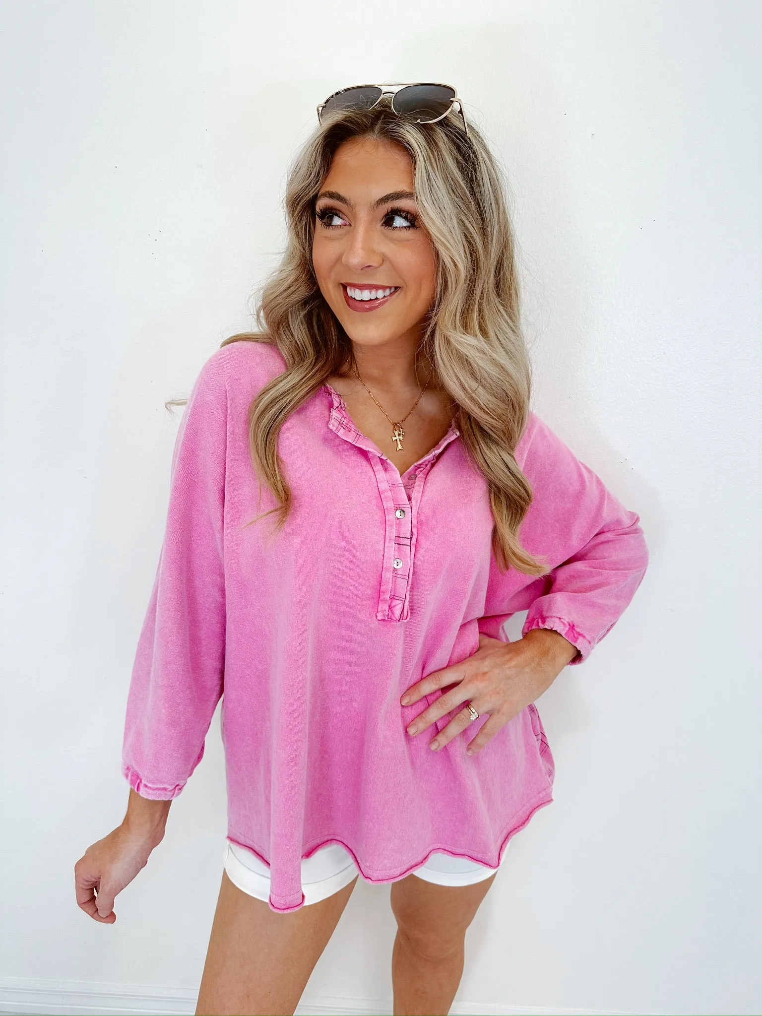 Hannah Henley Washed Top - Pink