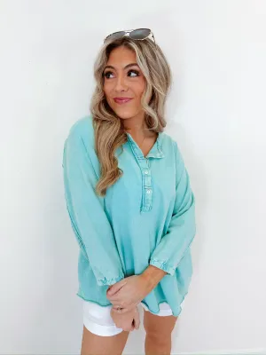Hannah Henley Washed Top - Seafoam