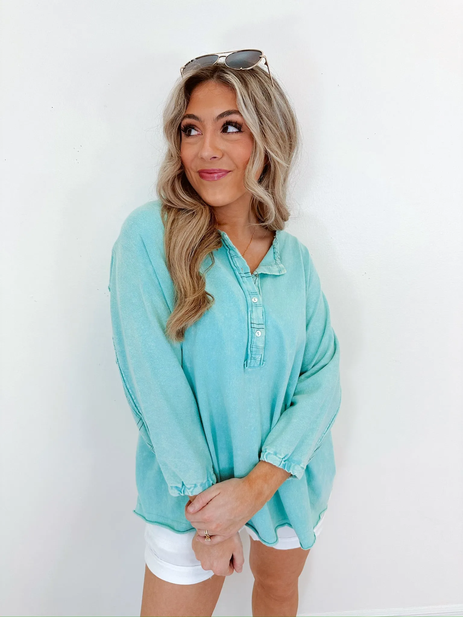 Hannah Henley Washed Top - Seafoam