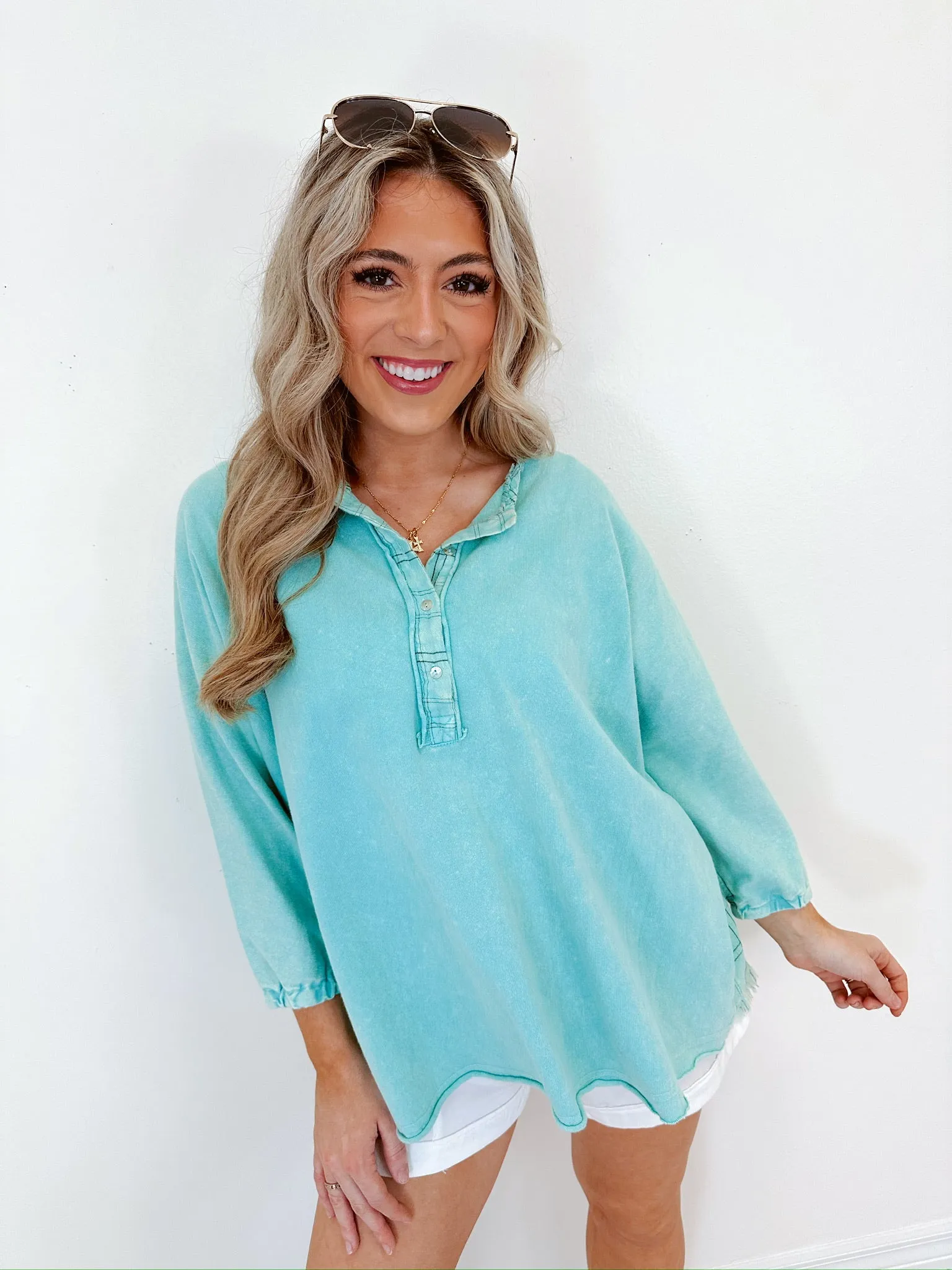Hannah Henley Washed Top - Seafoam