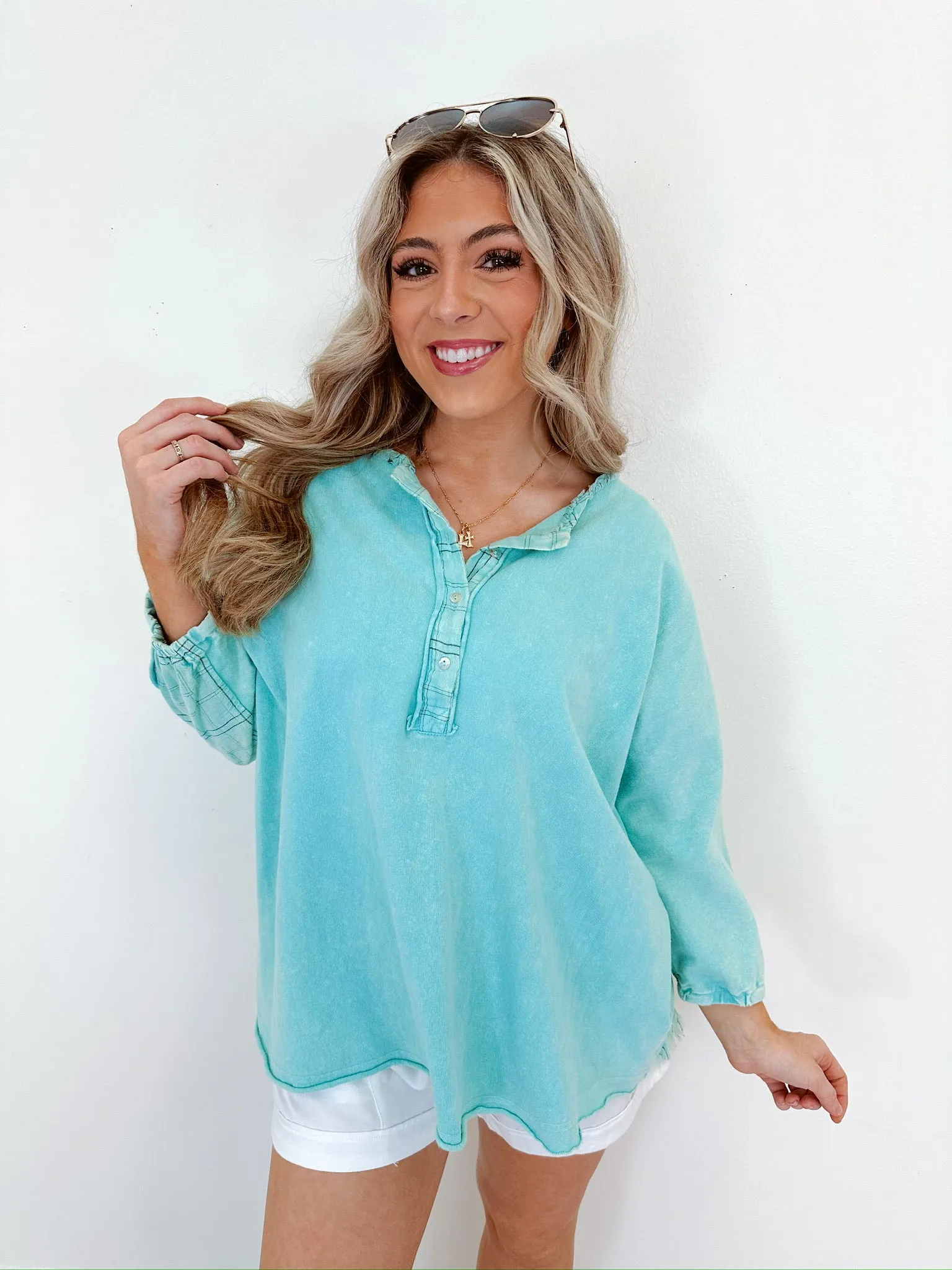 Hannah Henley Washed Top - Seafoam