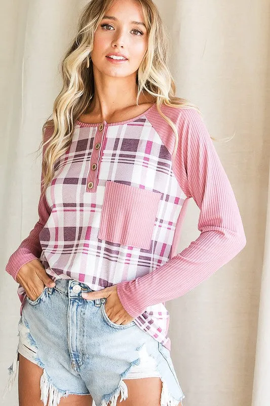 Hazel Blues® |  BiBi Plaid Half Button Round Neck Raglan Sleeve T-Shirt