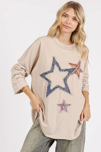 Hazel Blues® |  Mittoshop Mineral Wash Star Patch Long Sleeve T-Shirt