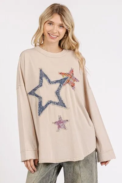 Hazel Blues® |  Mittoshop Mineral Wash Star Patch Long Sleeve T-Shirt