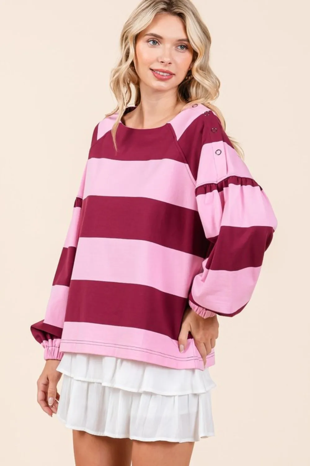 Hazel Blues® |  Mittoshop Striped Snap Shoulder Long Sleeve T-Shirt