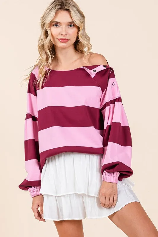 Hazel Blues® |  Mittoshop Striped Snap Shoulder Long Sleeve T-Shirt