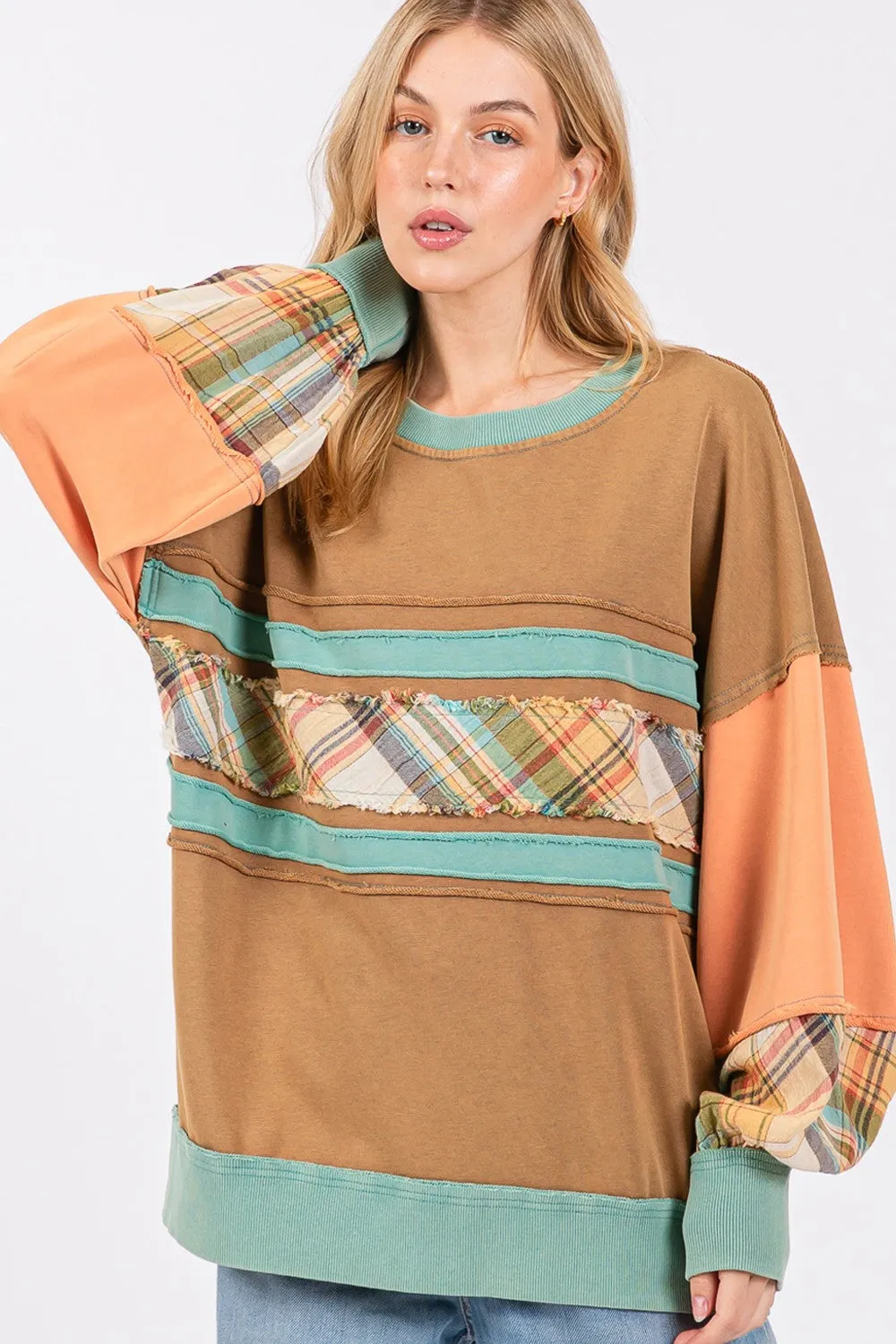 Hazel Blues® |  SAGE   FIG Mineral Wash Raw Edge Color Block Sweatshirt