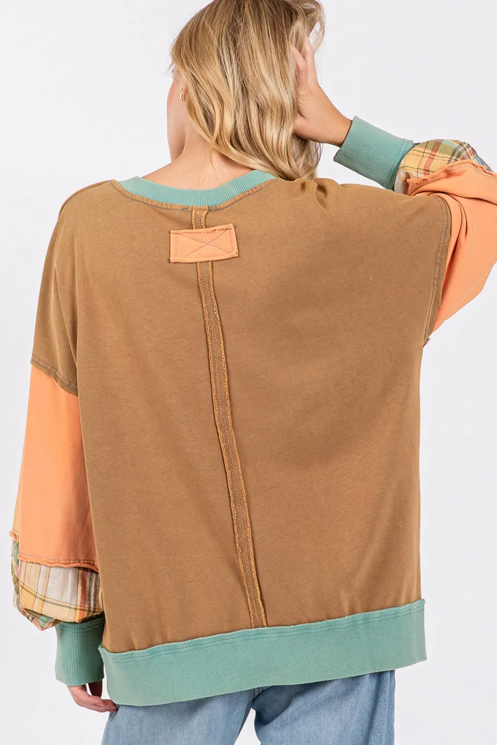 Hazel Blues® |  SAGE   FIG Mineral Wash Raw Edge Color Block Sweatshirt