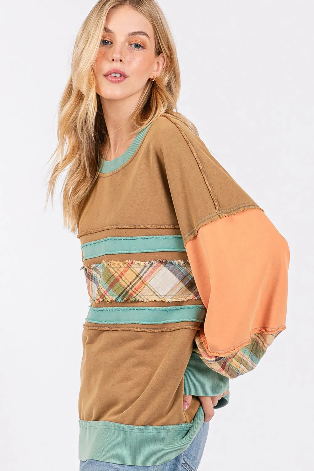 Hazel Blues® |  SAGE   FIG Mineral Wash Raw Edge Color Block Sweatshirt