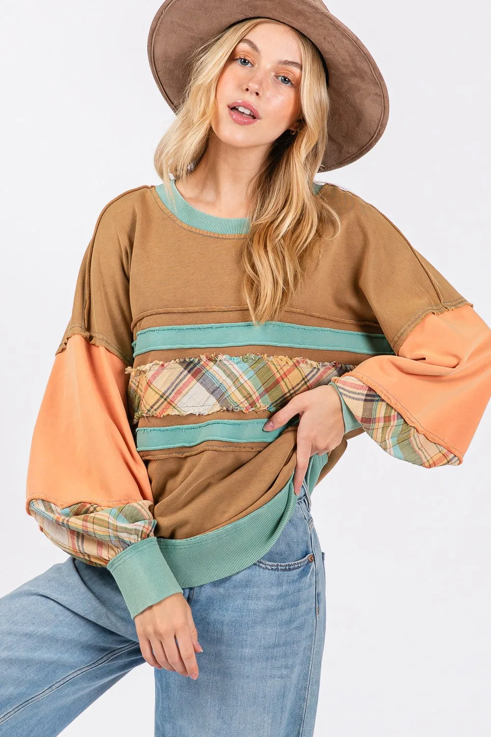 Hazel Blues® |  SAGE   FIG Mineral Wash Raw Edge Color Block Sweatshirt