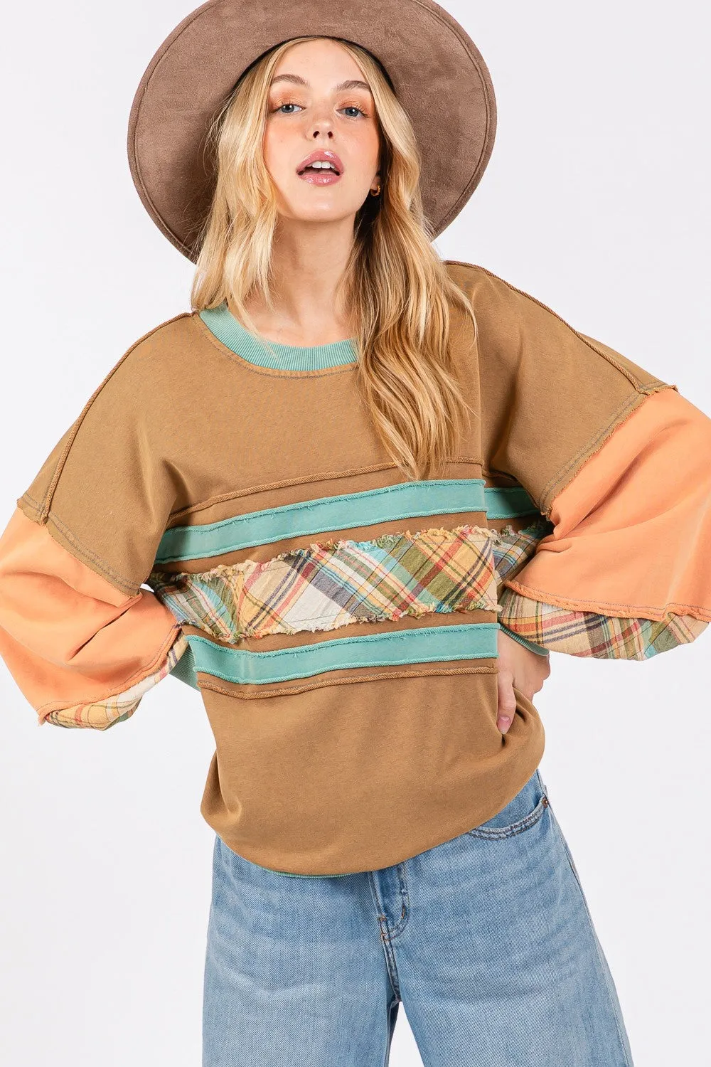 Hazel Blues® |  SAGE   FIG Mineral Wash Raw Edge Color Block Sweatshirt