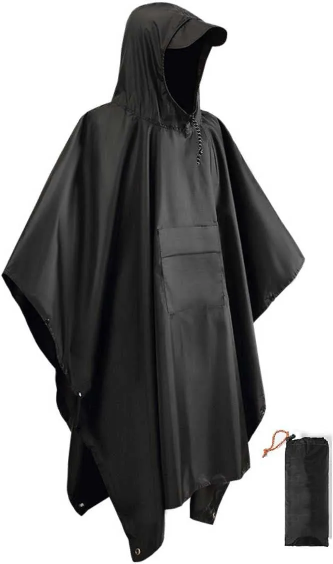 Hooded Rain Poncho Waterproof Raincoat Jacket for Men Women Adults, Military Poncho for Outdoor Activities Camping Fishing