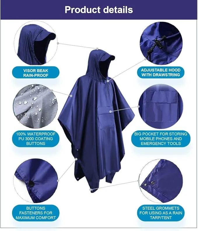 Hooded Rain Poncho Waterproof Raincoat Jacket for Men Women Adults, Military Poncho for Outdoor Activities Camping Fishing