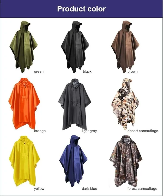 Hooded Rain Poncho Waterproof Raincoat Jacket for Men Women Adults, Military Poncho for Outdoor Activities Camping Fishing