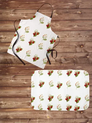 I Love Strawberries Apron and Matching Kitchen Mat with Vintage Inspired Strawberry Pattern