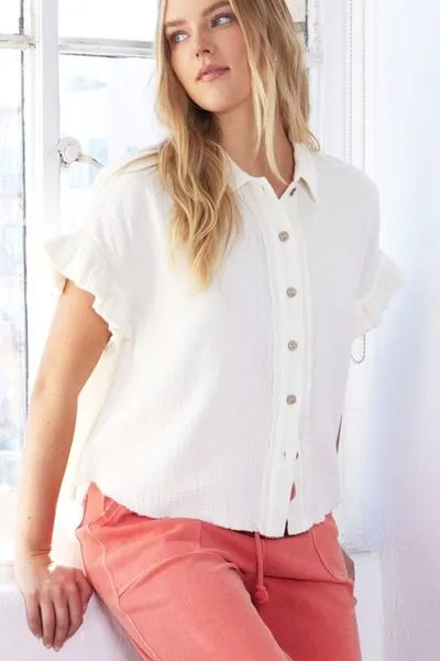 Ivory Mineral Washed Button Down Flounce Sleeve Shirt
