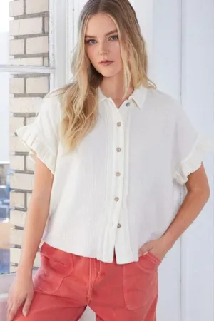 Ivory Mineral Washed Button Down Flounce Sleeve Shirt
