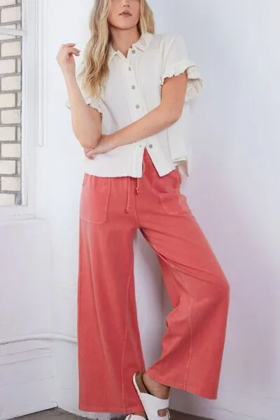 Ivory Mineral Washed Button Down Flounce Sleeve Shirt
