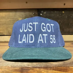 Just Got Laid At 58 Vintage Blue Crown Green Brim Strapback Hat Cap Custom embroidery